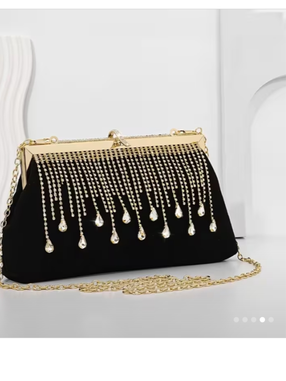 Black Evening Clutch with Gold Crystal Fringe